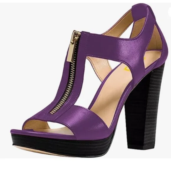FSJ Purple Peep Open Toe T-Strap Front Zipper Chunky Stacked High Heel Sandal - Picture 1 of 8